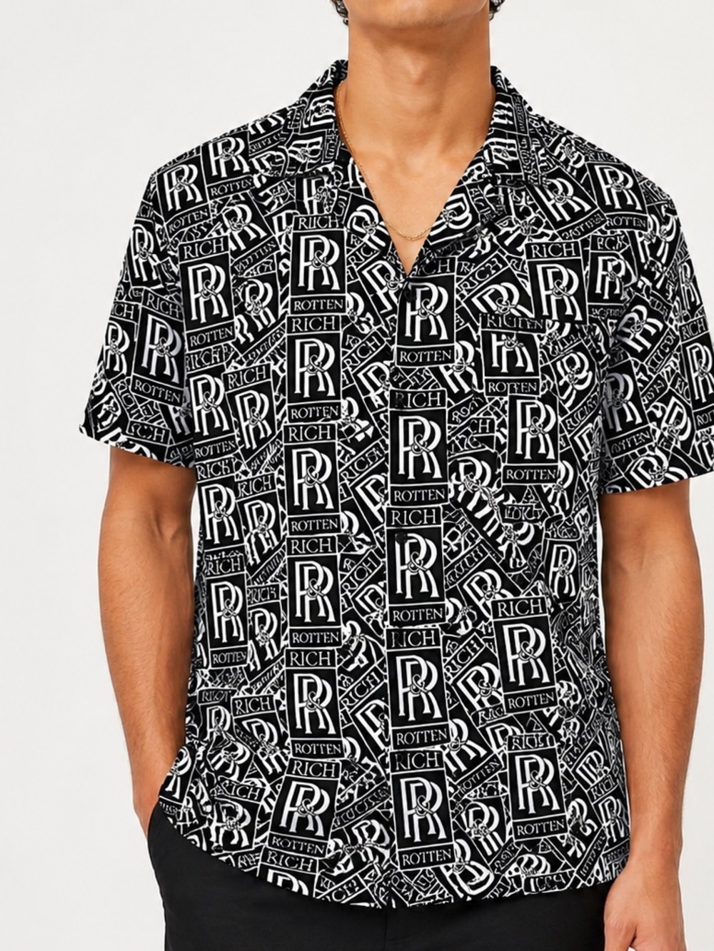 Rich & Rotten Men’s Black R Logo Print Short Sleeve Button-Up Shirt Size Small